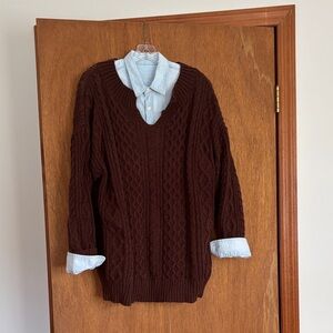 Sporty V-Neck Cable Knit Sweater in Rich Brown. 100% polyester. Never worn.